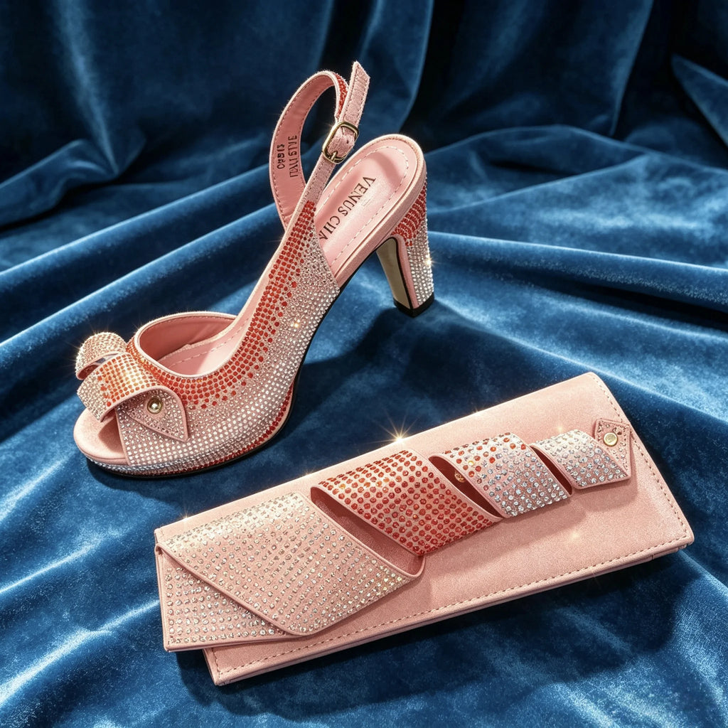2026 Elegant Women's Peep-Toe Heels & Peach Color Diamond Pumps Set - Chic Italian Footwear & Matching Bags for Parties