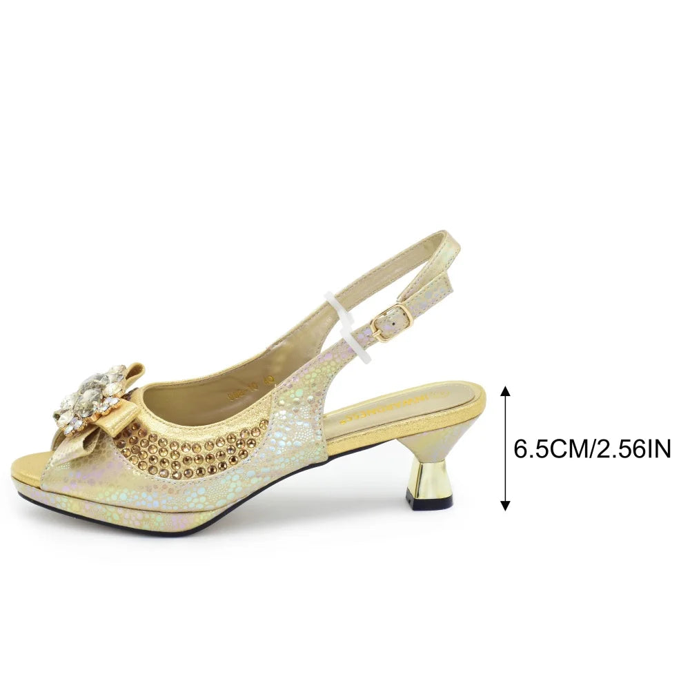 2026 Elegant Women's Peep-Toe Heels and Matching Gold Color Diamond Pumps Set - Stylish Italian Shoes and Bags for Parties